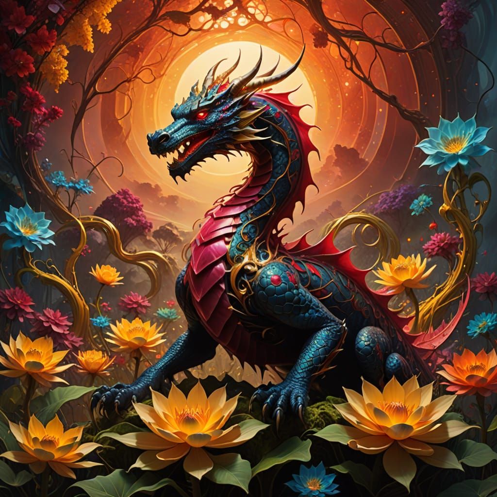 Dreamlike Ruby Dragon in a Swirling Flower Vortex