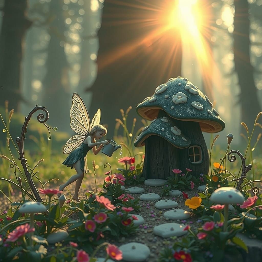 Whimsical Fairy Tending Her Miniature Garden in a Fantastica...