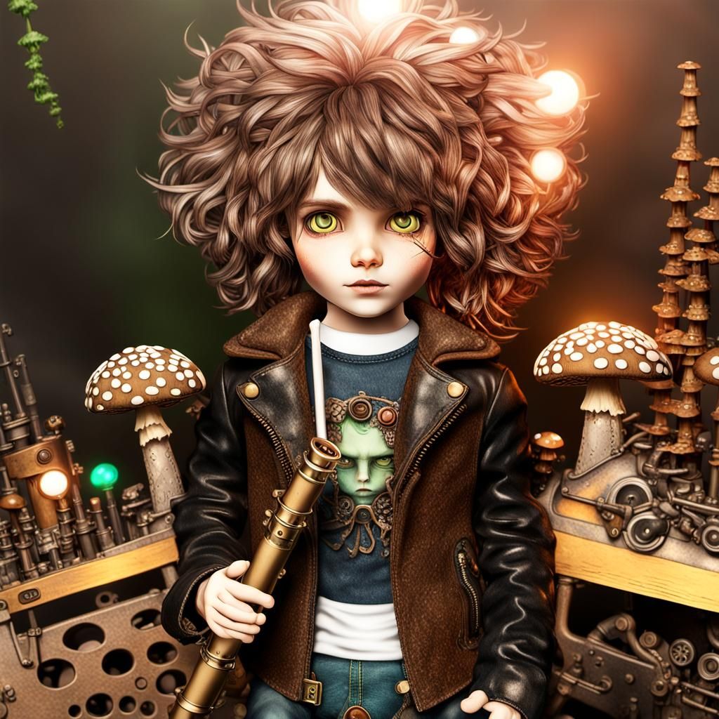 Steampunk Blythe Doll Plays Flute Among Mushrooms