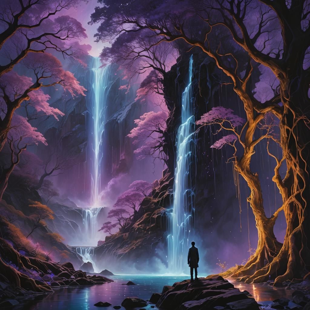 Ethereal Figure at Bioluminescent Waterfall