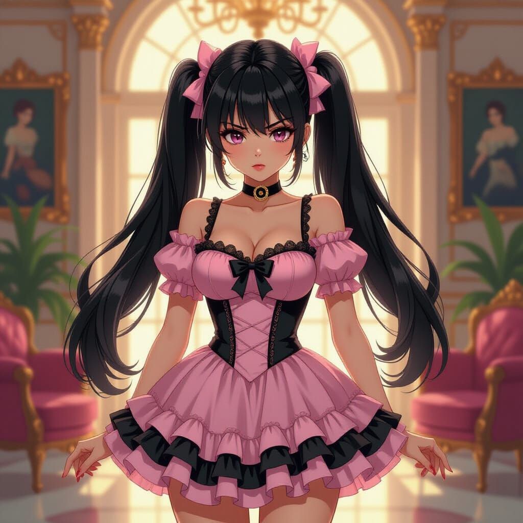 Frustrated Italian Woman in Pink Lace Dress, Anime Style