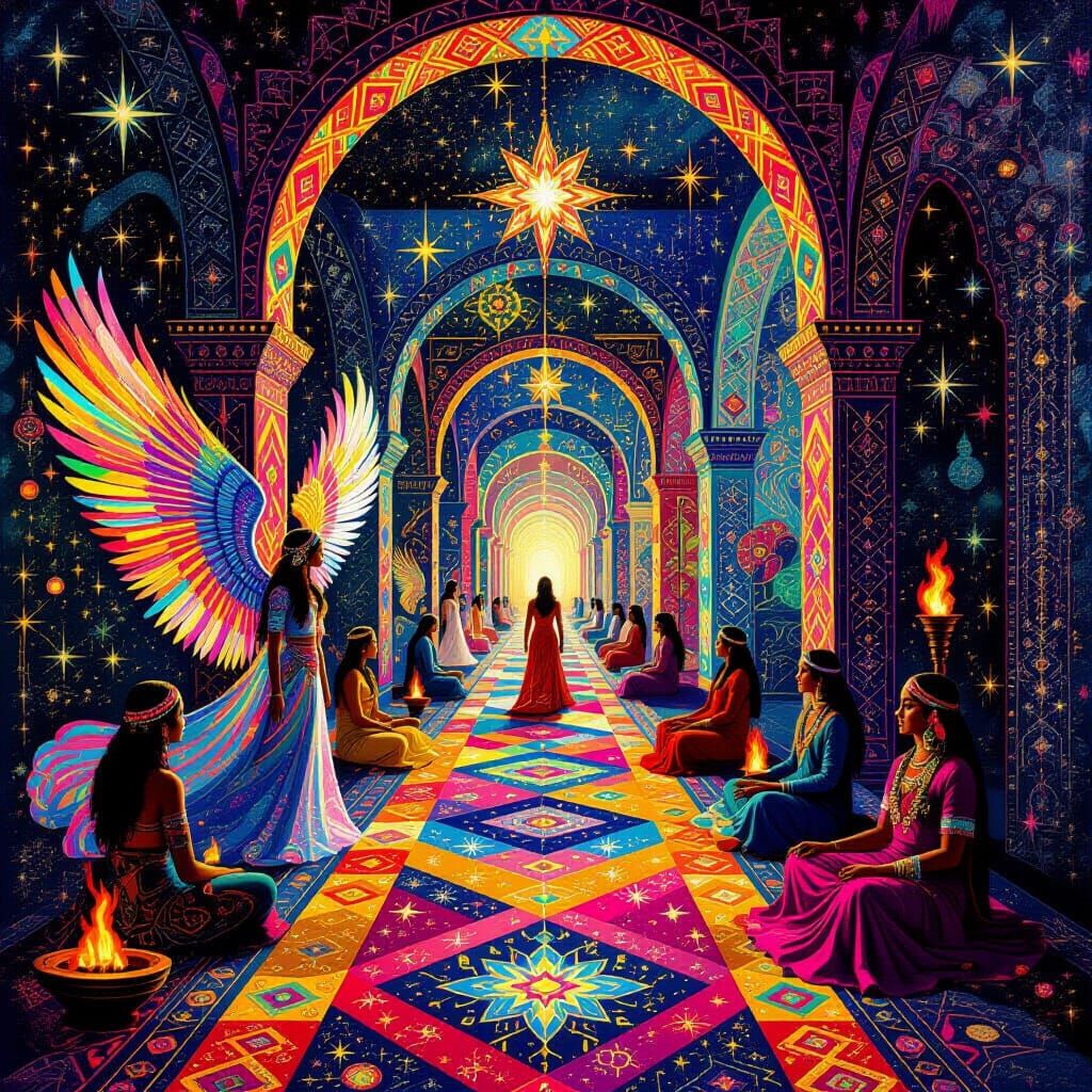 Psychedelic Abstract Spirit Hallway in Pointillist Style