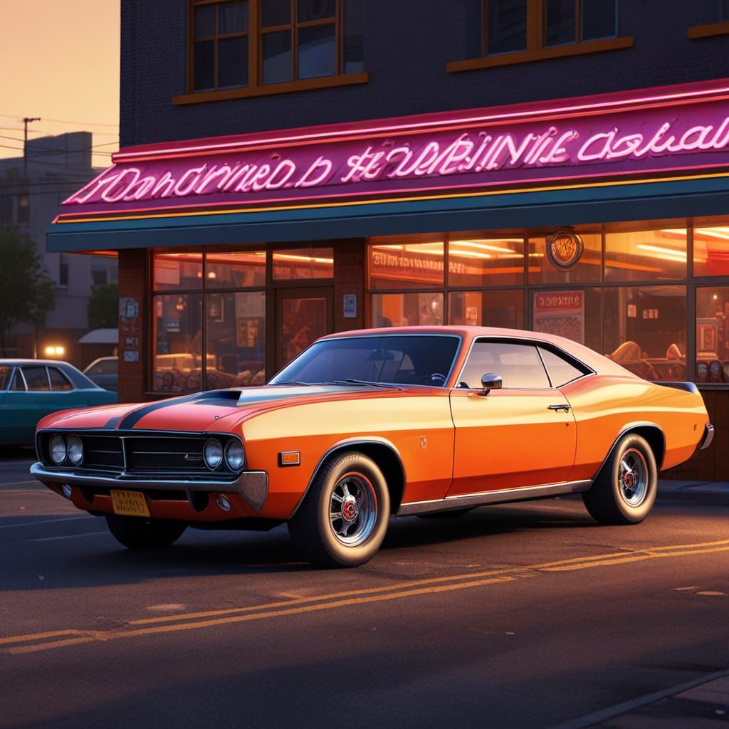 Classic Muscle Car Parked, Cubist Art Deco Style