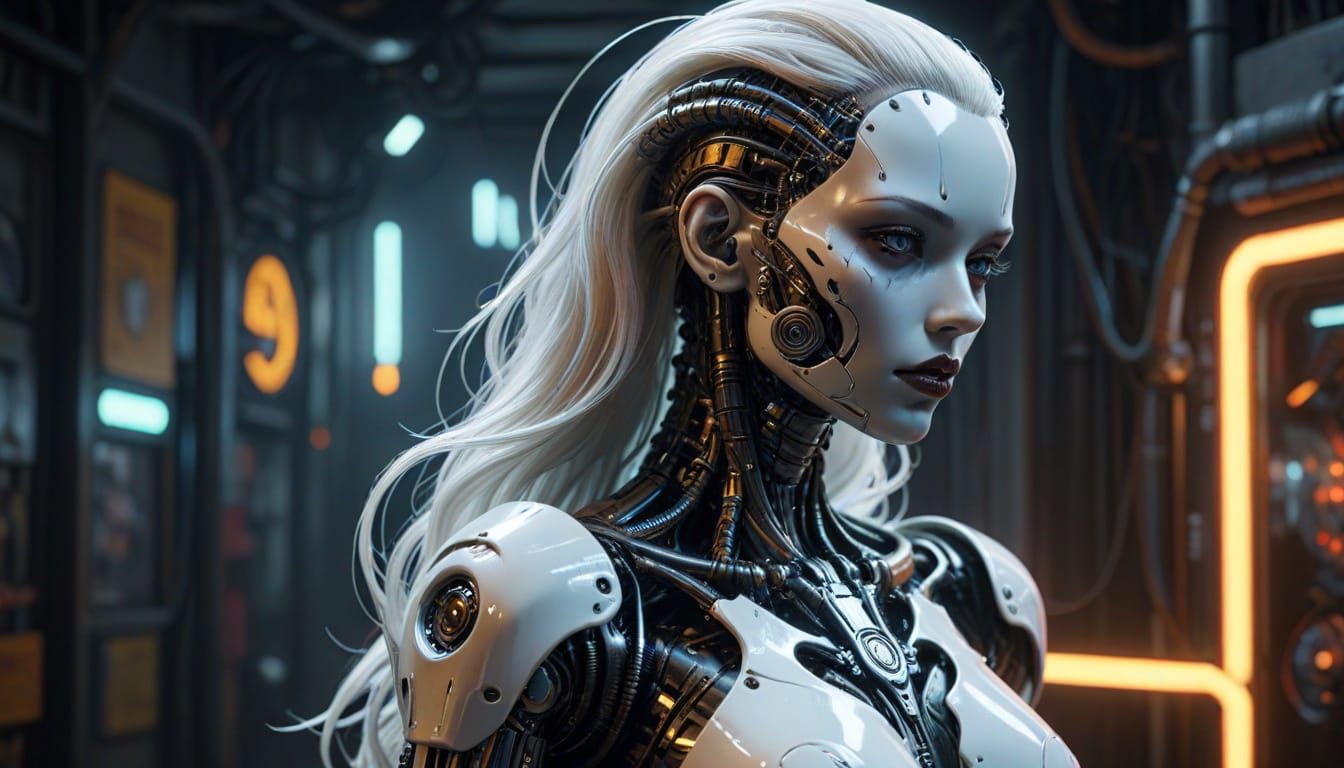 Gothic Biomechanical Gynoid in Neon Cityscape