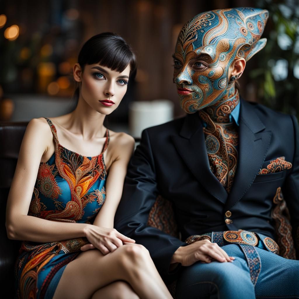 Surreal Restaurant Scene with Exotic Aliens, Professional Ph...