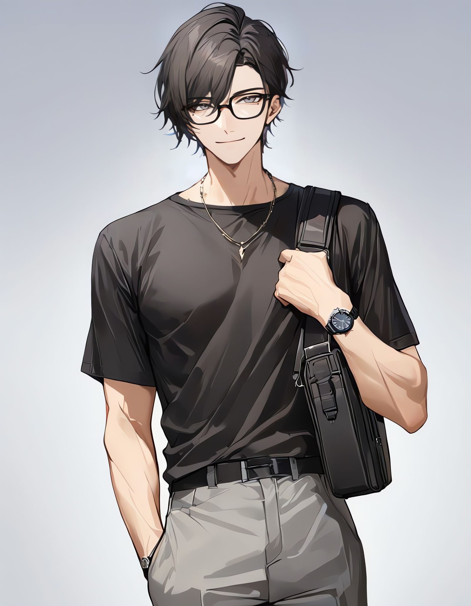 Handsome Bishounen with Laptop Bag on White Background