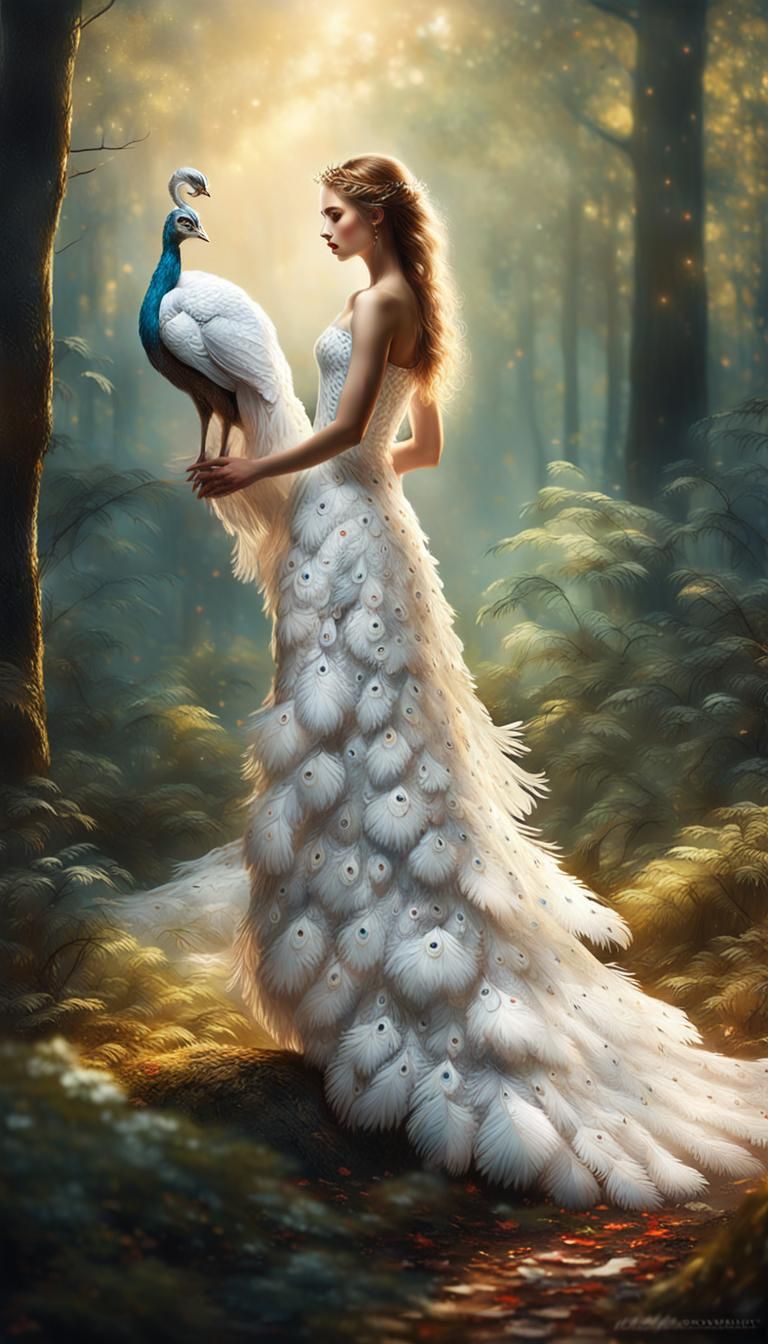 Peacock Dress Girl in Magical Forest: Photorealistic Art