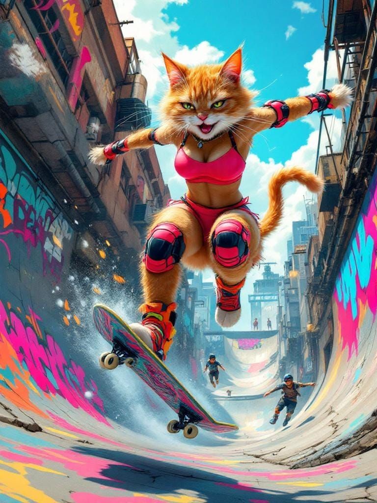 Anime Cat Skateboarder in Urban Skate Park