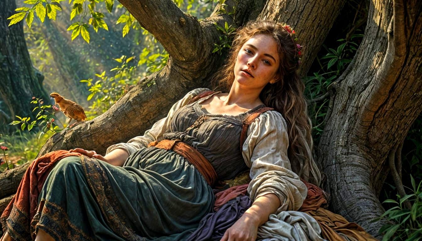 Vibrant Scene of a Sleeping Vagrant Woman with Animals in Im...