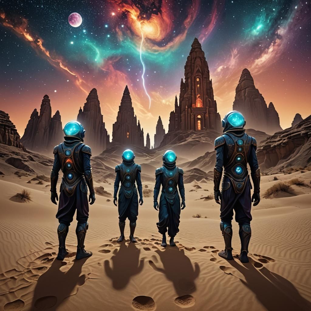 Surreal Starry Sky Scene with Humanoid Figures