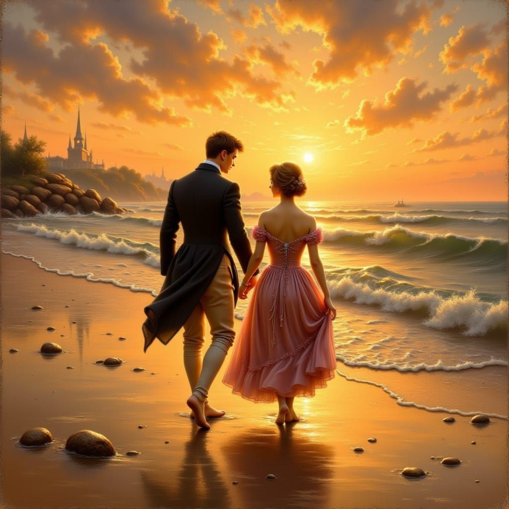 Regency Couple's Sunset Stroll on the Seashore