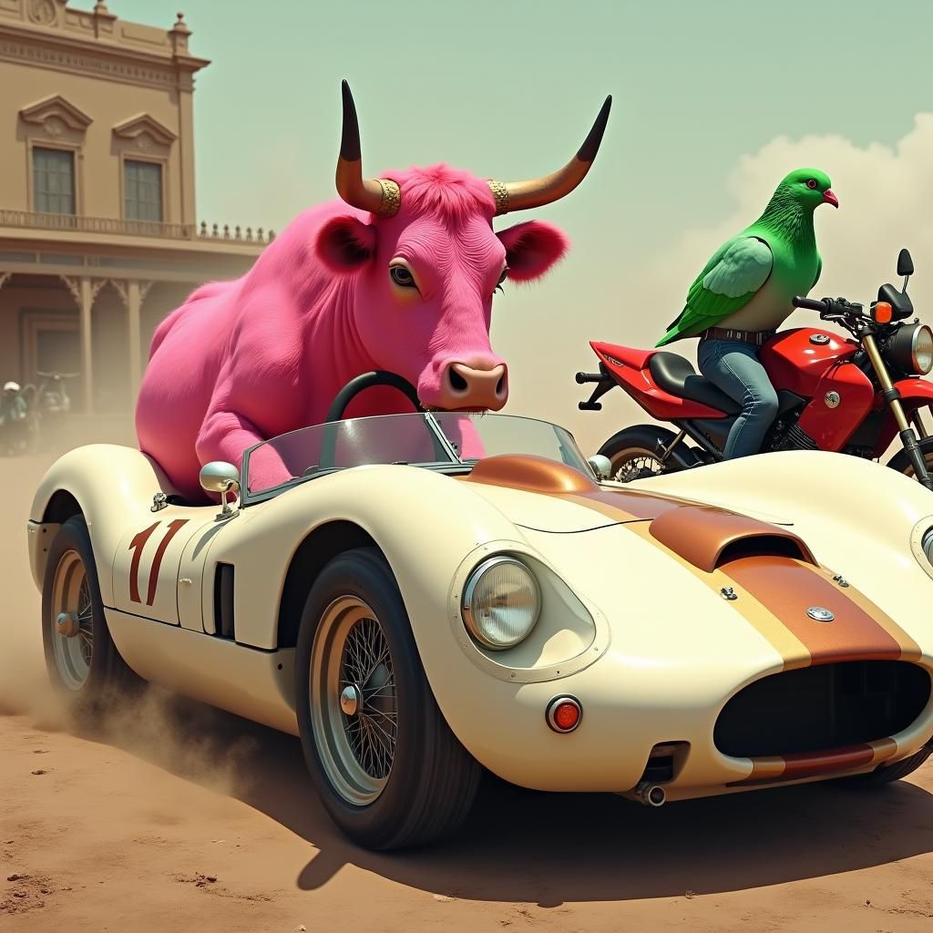 Neon Cow and Pigeon Race in the Old West