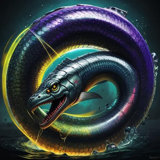 Hyperrealistic Lamprey Ouroboros in Splash Art Style