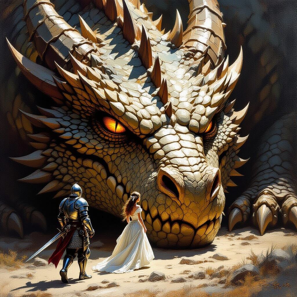 Sleeping Dragon, Knight, and Princess in Oil Painting