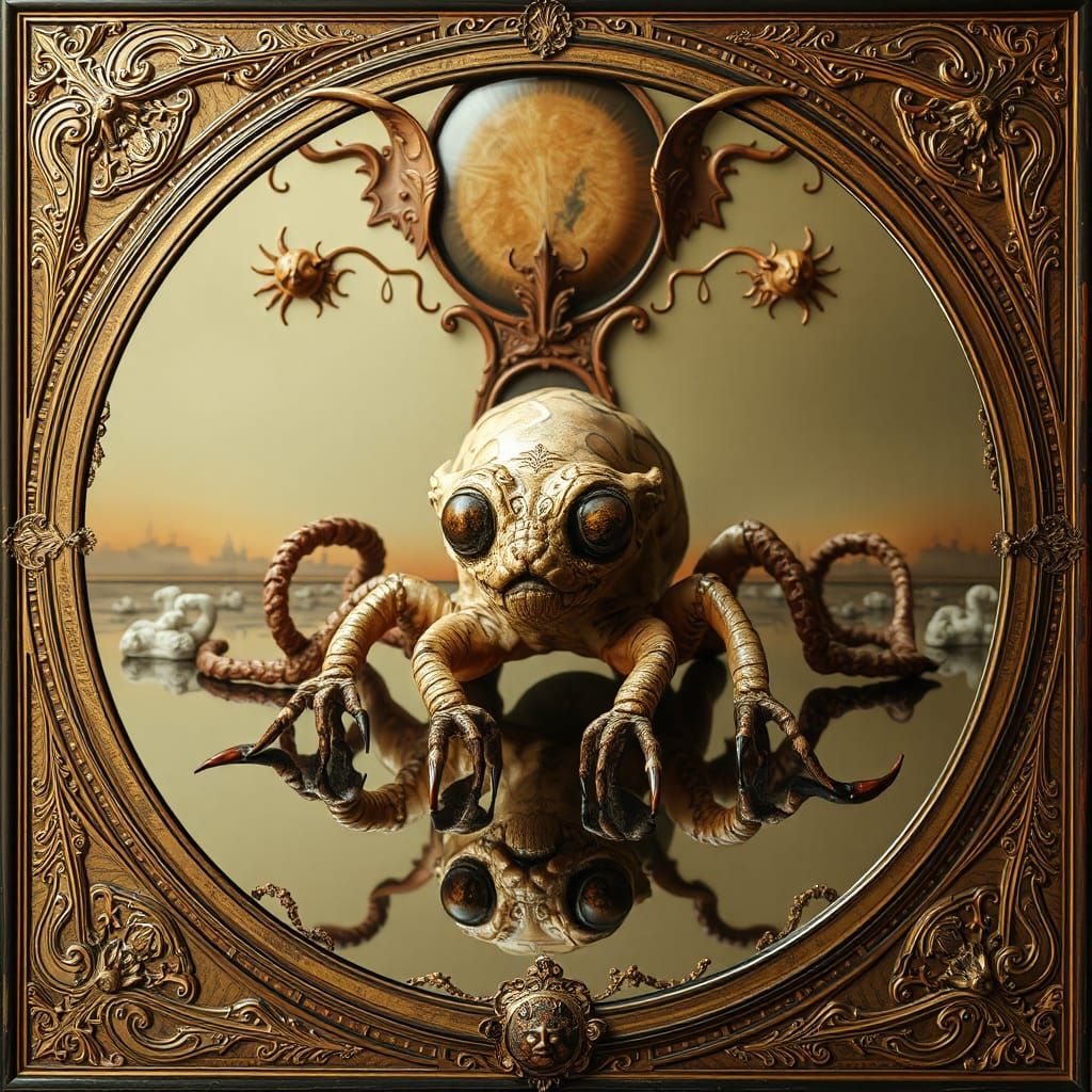 Surreal Reflection: A Dali and Giger-Inspired Vision