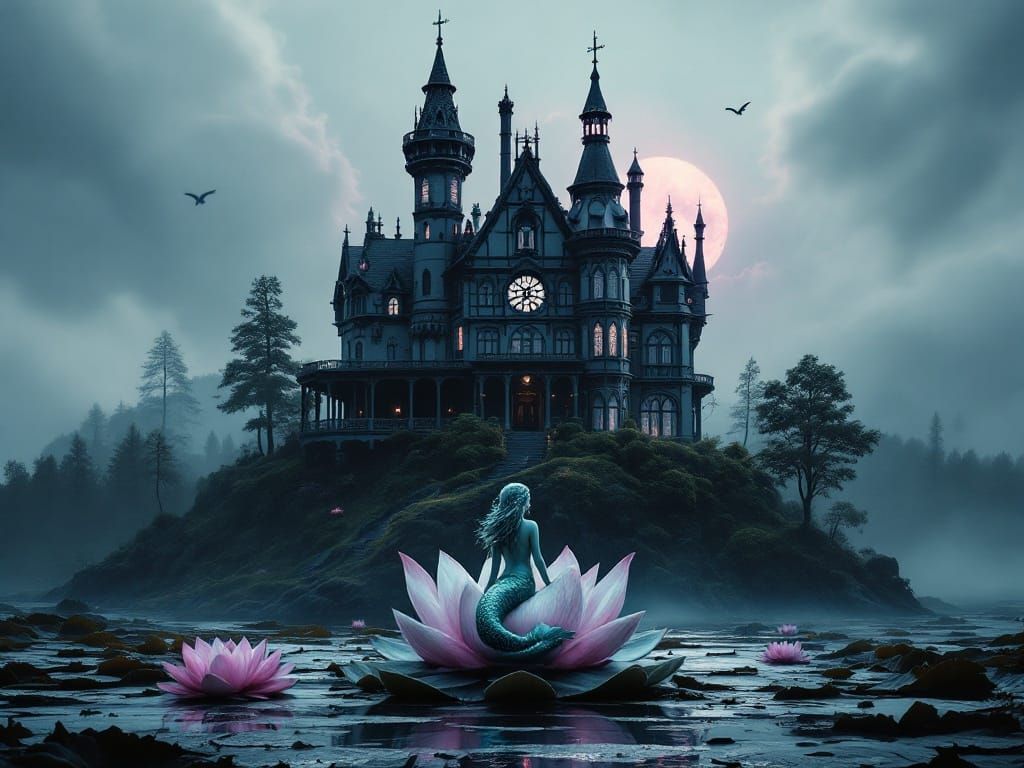 Gothic Mansion Double Exposure with Lotus Flower