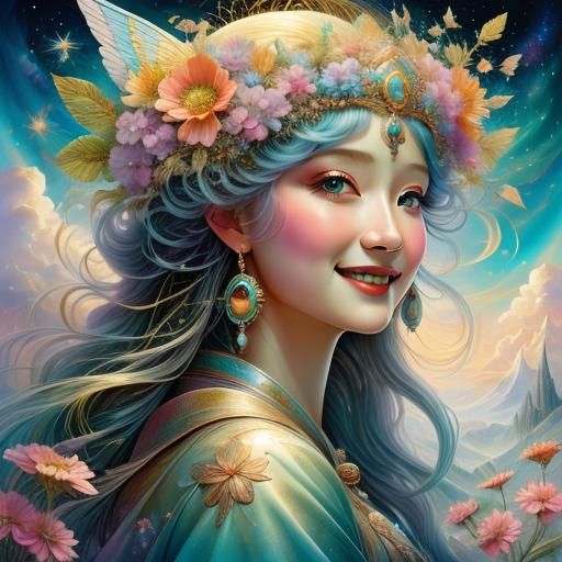 Summer Goddess with Abstract Cloud Background