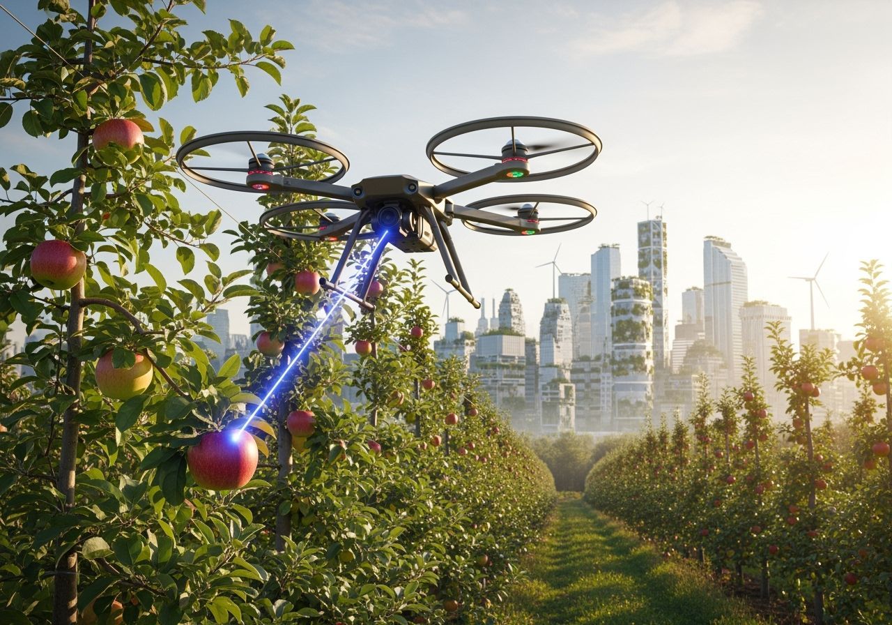 Drone Scans Apple in Solarpunk Orchard