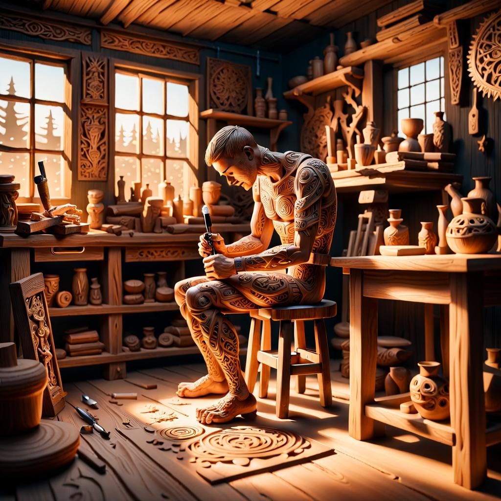 Wooden Man Gets Tattoo: Carved Digital Art