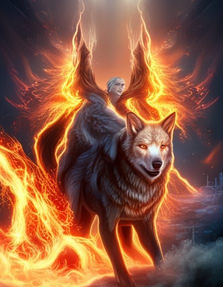 Fiery Red Wolf Goddess: Epic Digital Painting