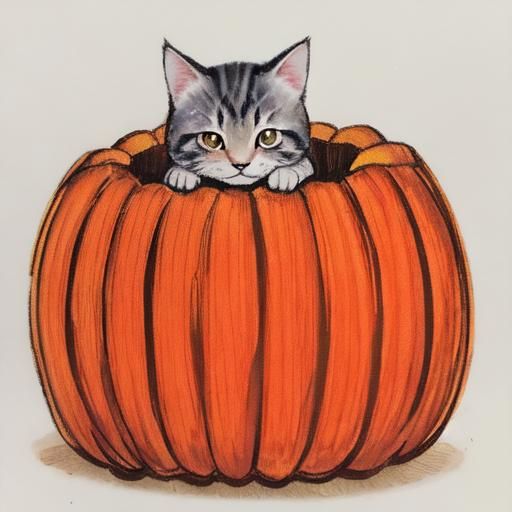 Kitten in Pumpkin: Whimsical Autumn Forest Illustration