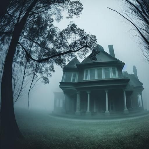 Creepy Surreal Mansion in Fog, Dark Fantasy Style