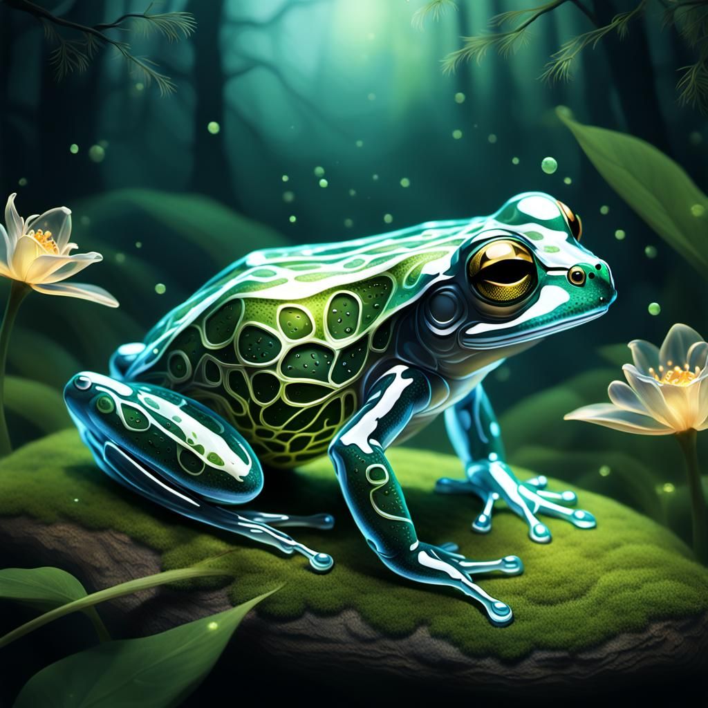 Ethereal Transparent Frog in Forest, Detailed Matte Painting