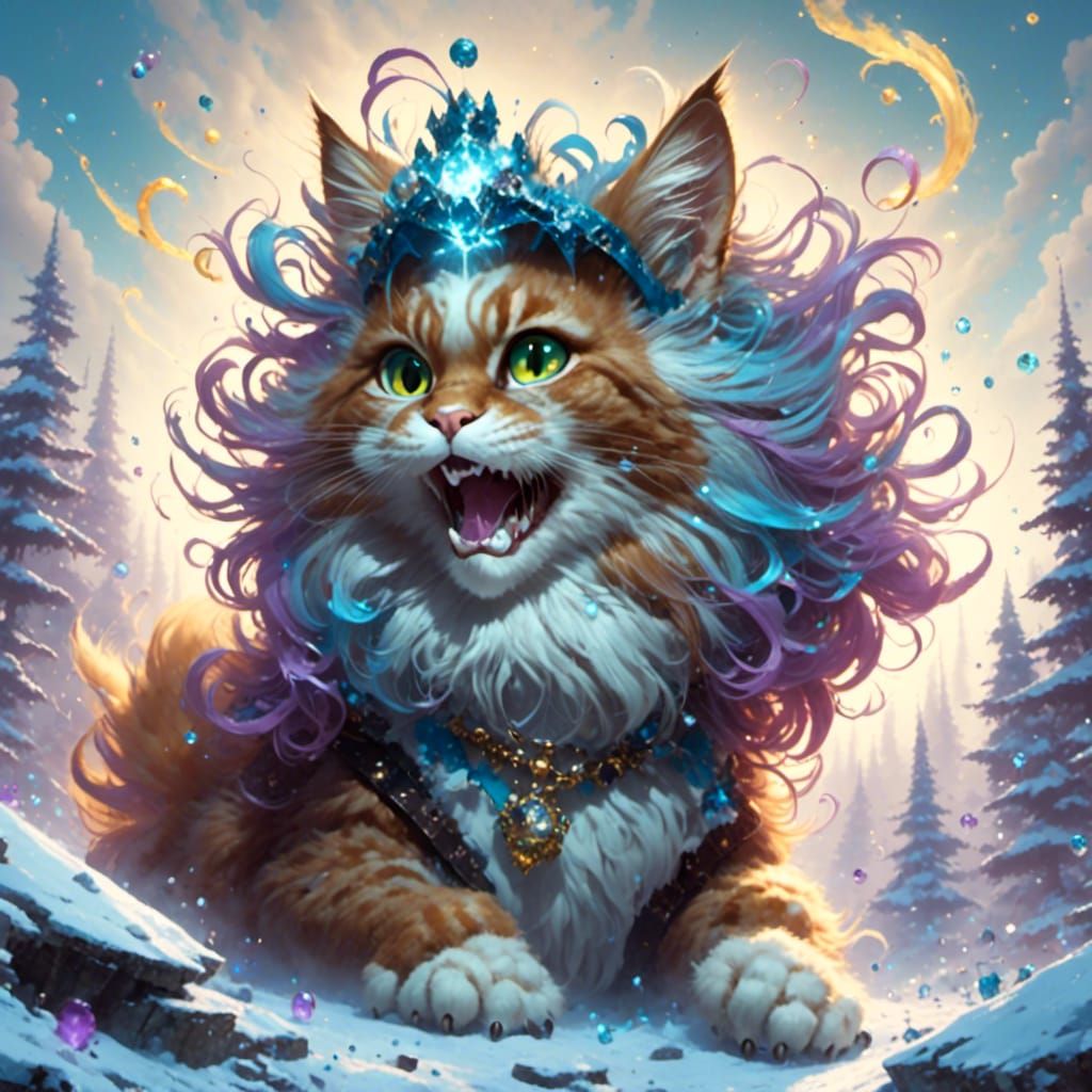 Ice Maine Coon in Purple Fantasy Comic Art