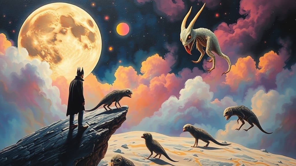 Mystic Figure in Surreal Iridescent Moonscape