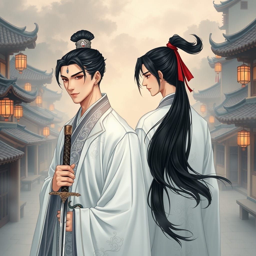 Elegant Asian Gentlemen Amidst Traditional Chinese Village