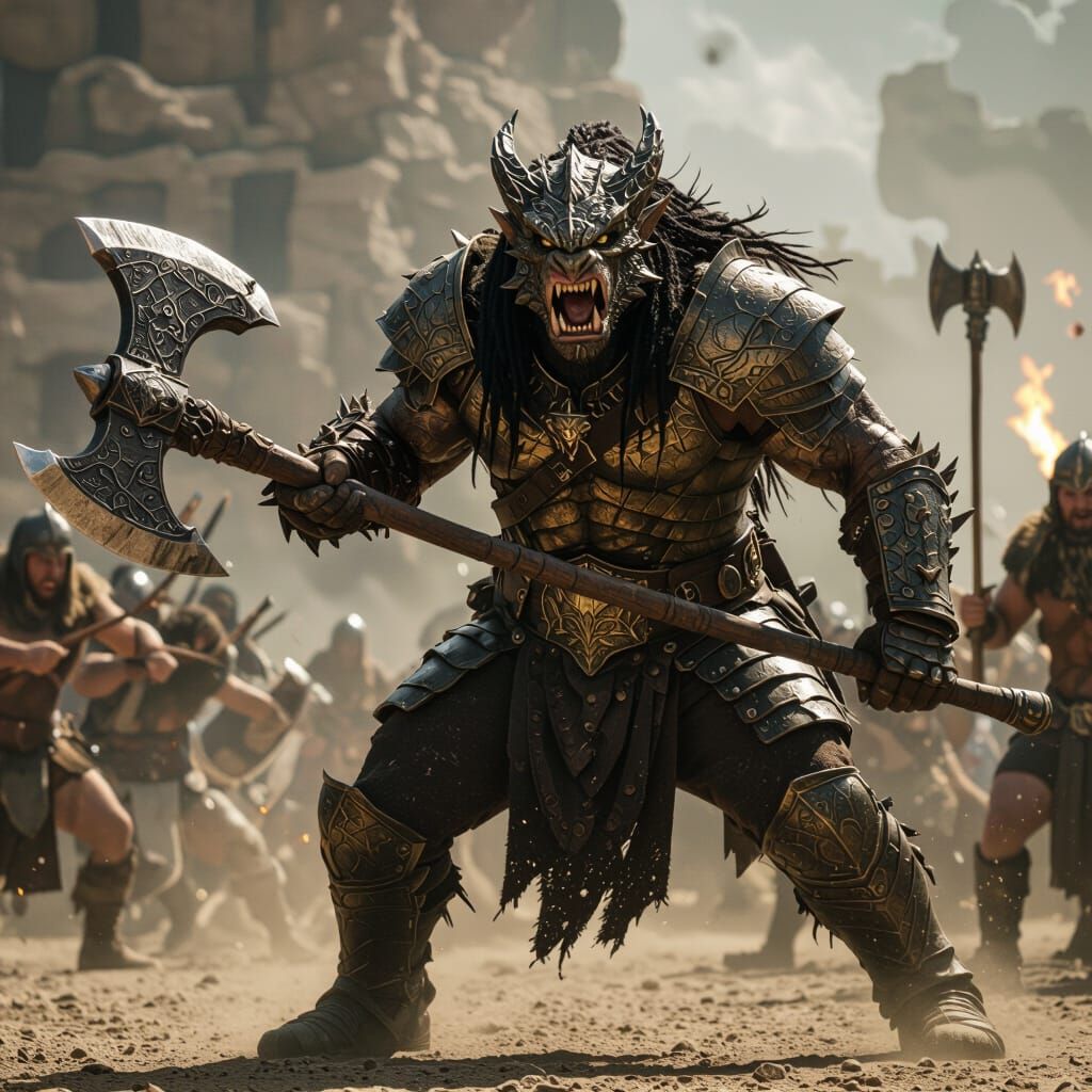 Bronze Dragonborn Barbarian Charging into Battle with Axe