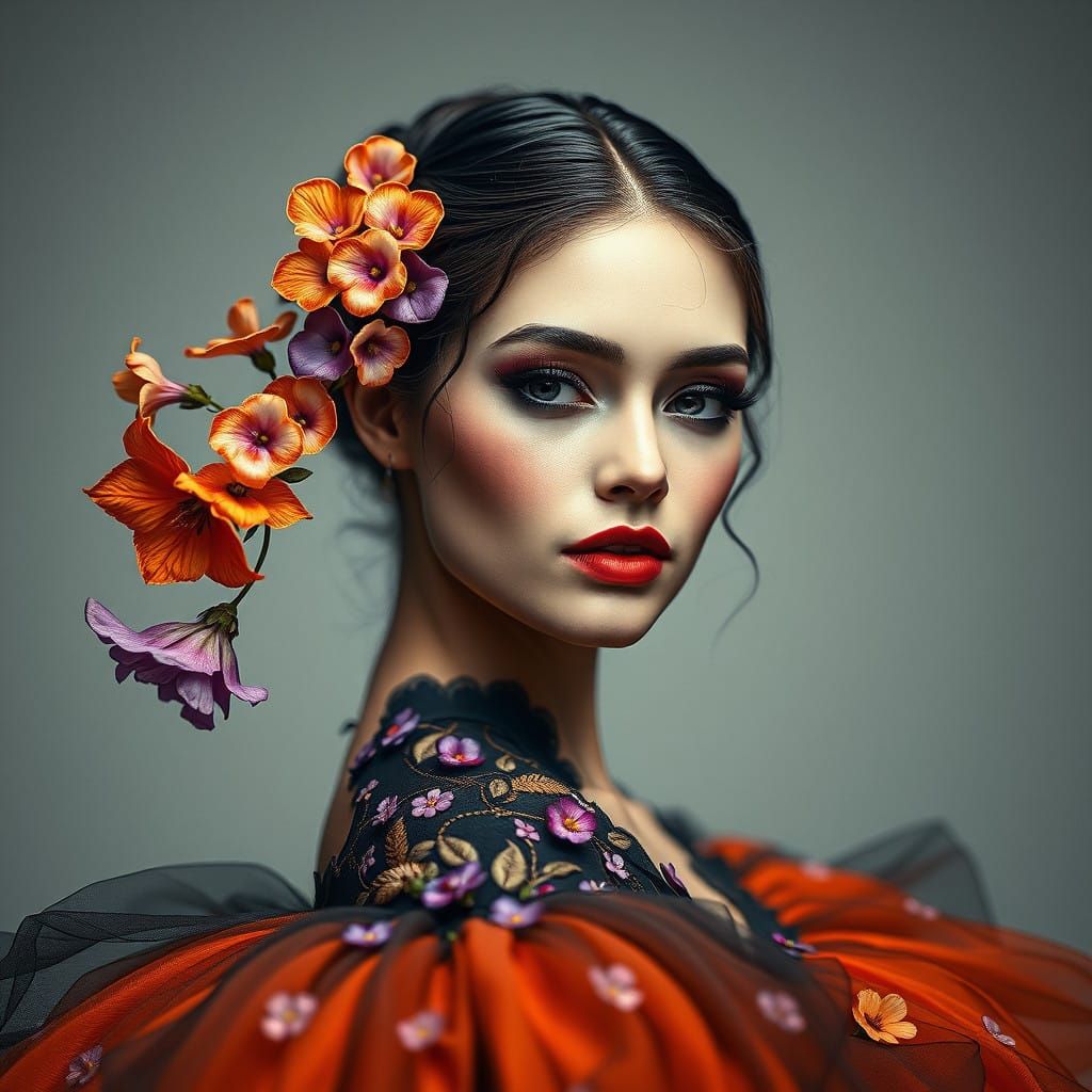 Woman in a Vibrant Black-Orange Ballet Dress with Violet Flo...