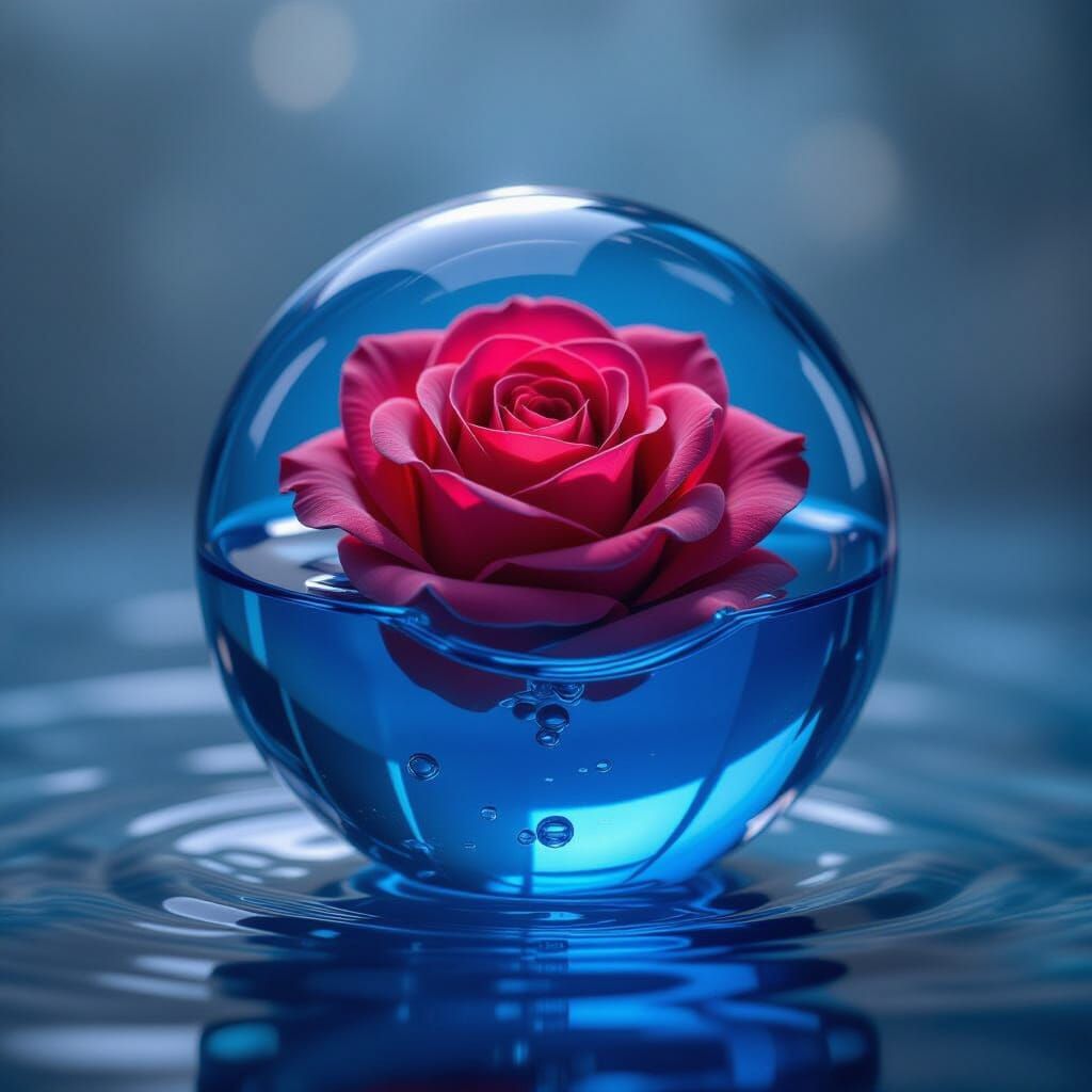Blue Liquid Sphere Containing Red Liquid, Hyperrealistic