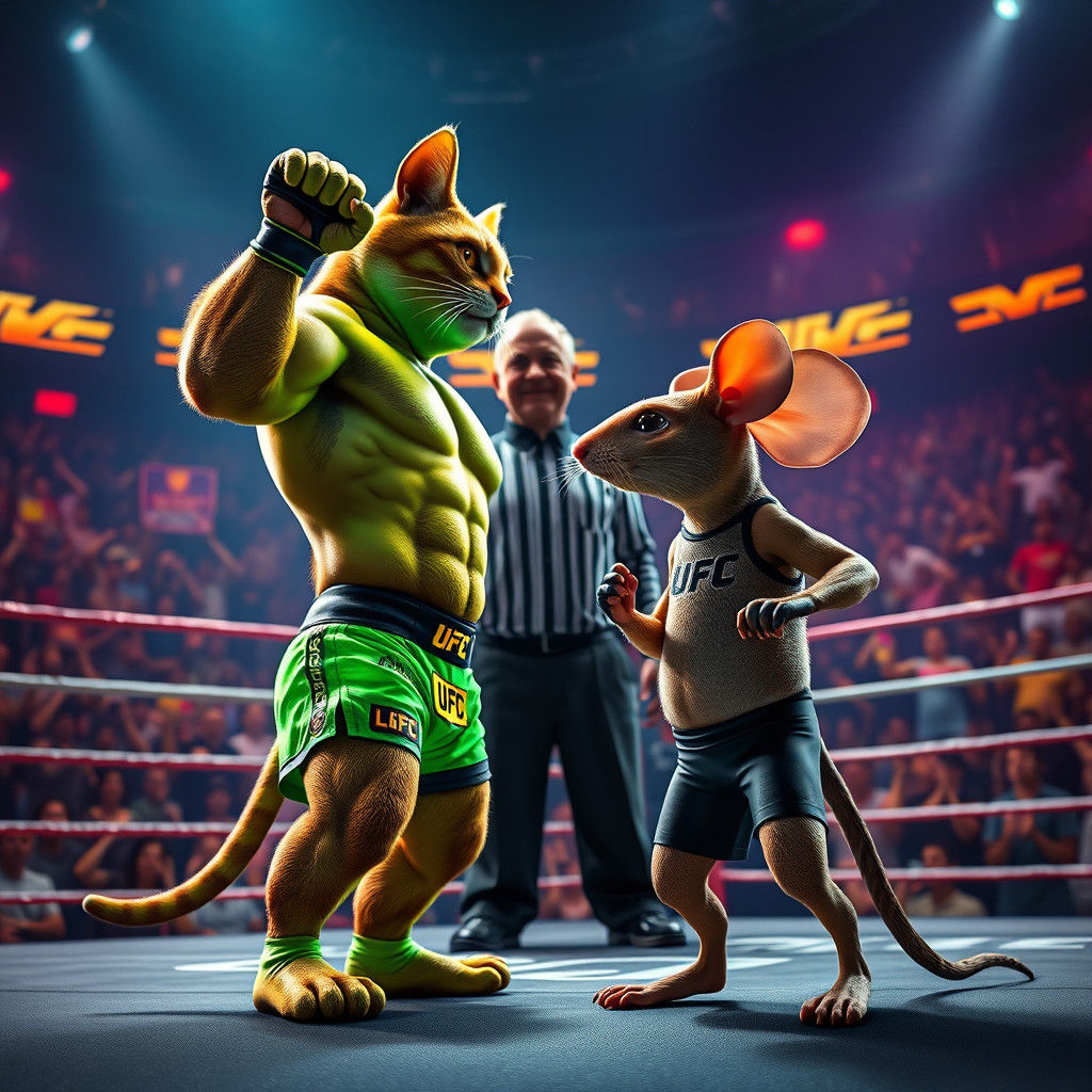 Cat vs Mouse UFC Face-Off in Hyper-Realistic Style