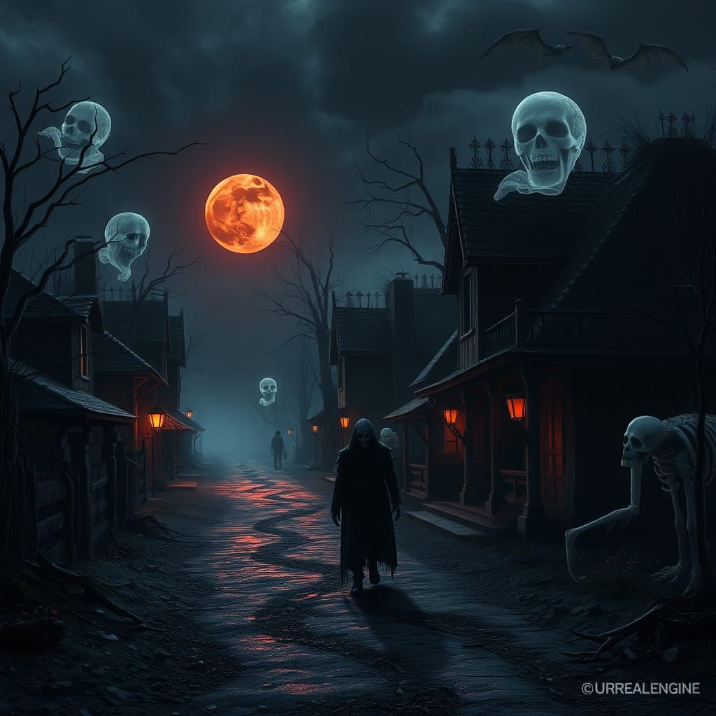 Eerie Ghoul in Haunted Village: Gothic Digital Painting