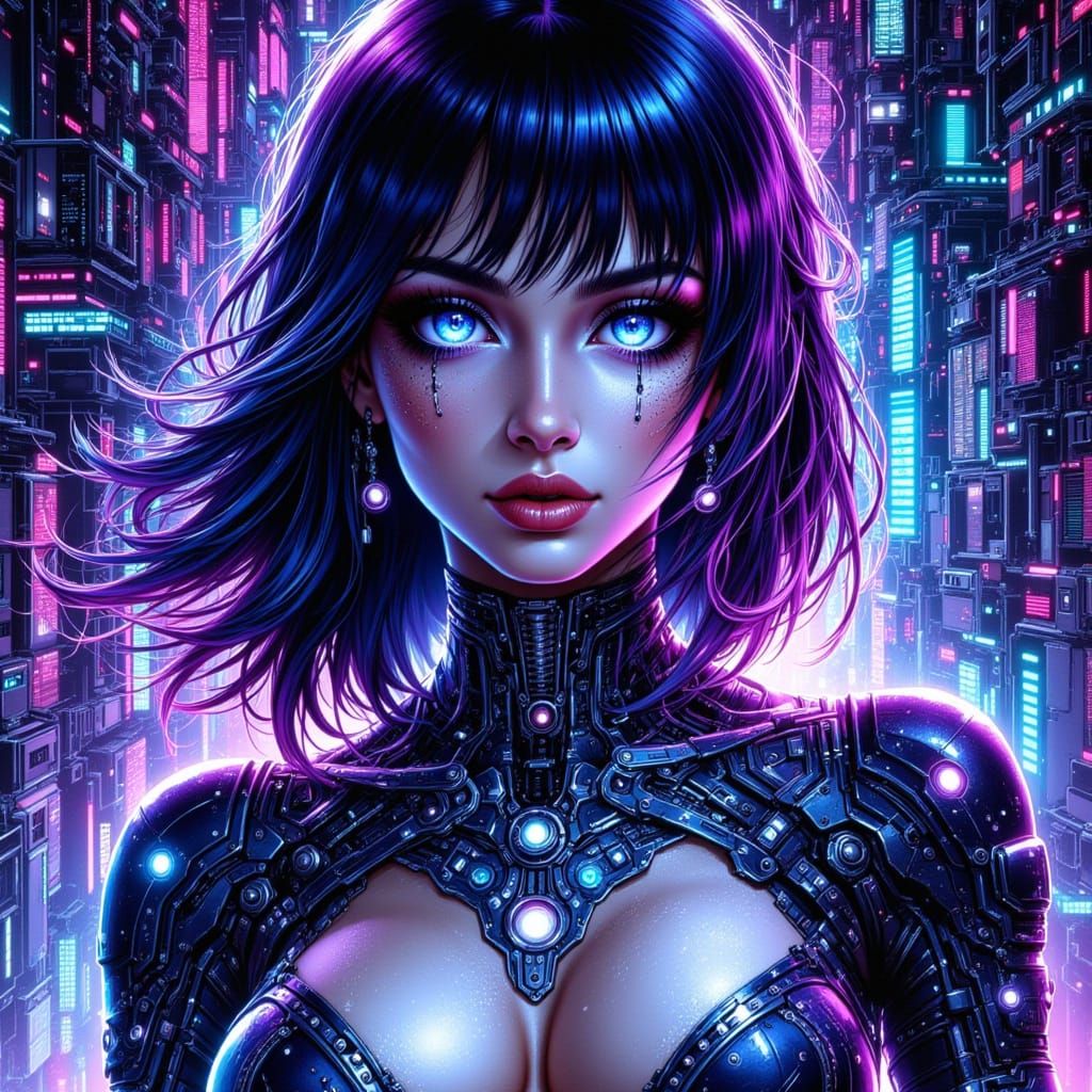 Cyberpunk Woman in Retro Manga Watercolor Style