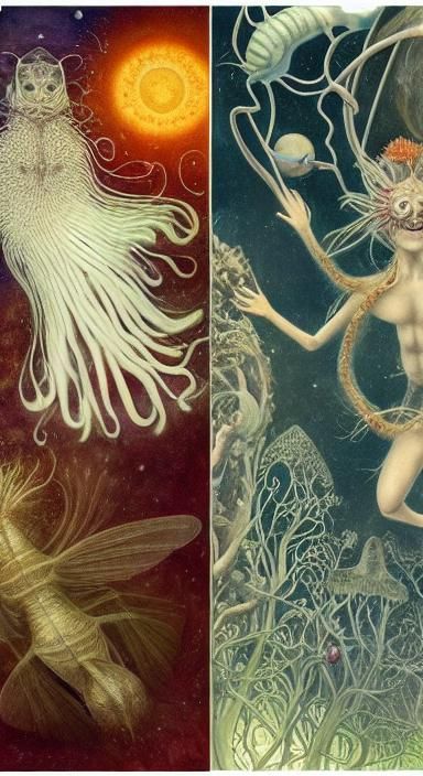 Mysterious Life Without Gravity in Mixed Media Style