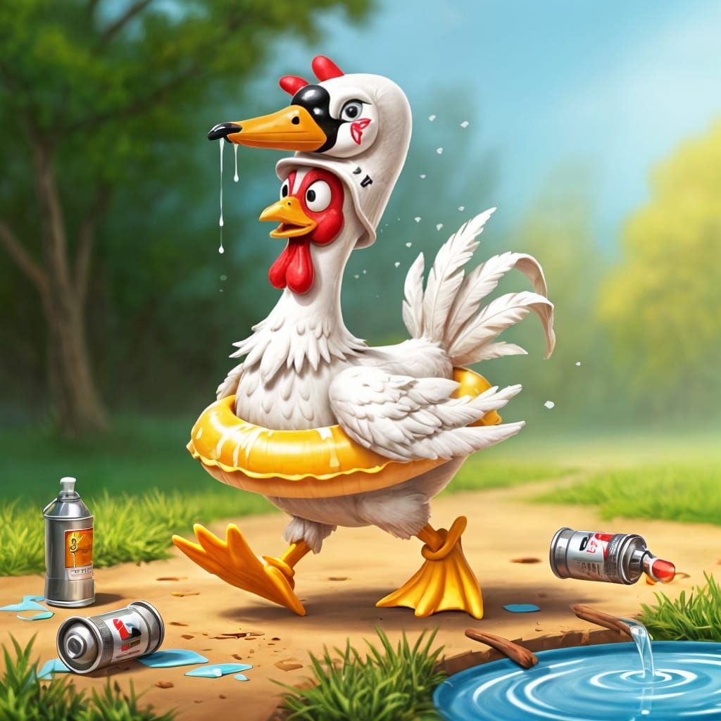 Whimsical Chicken Dressed as Swan with Fake Feet and Head