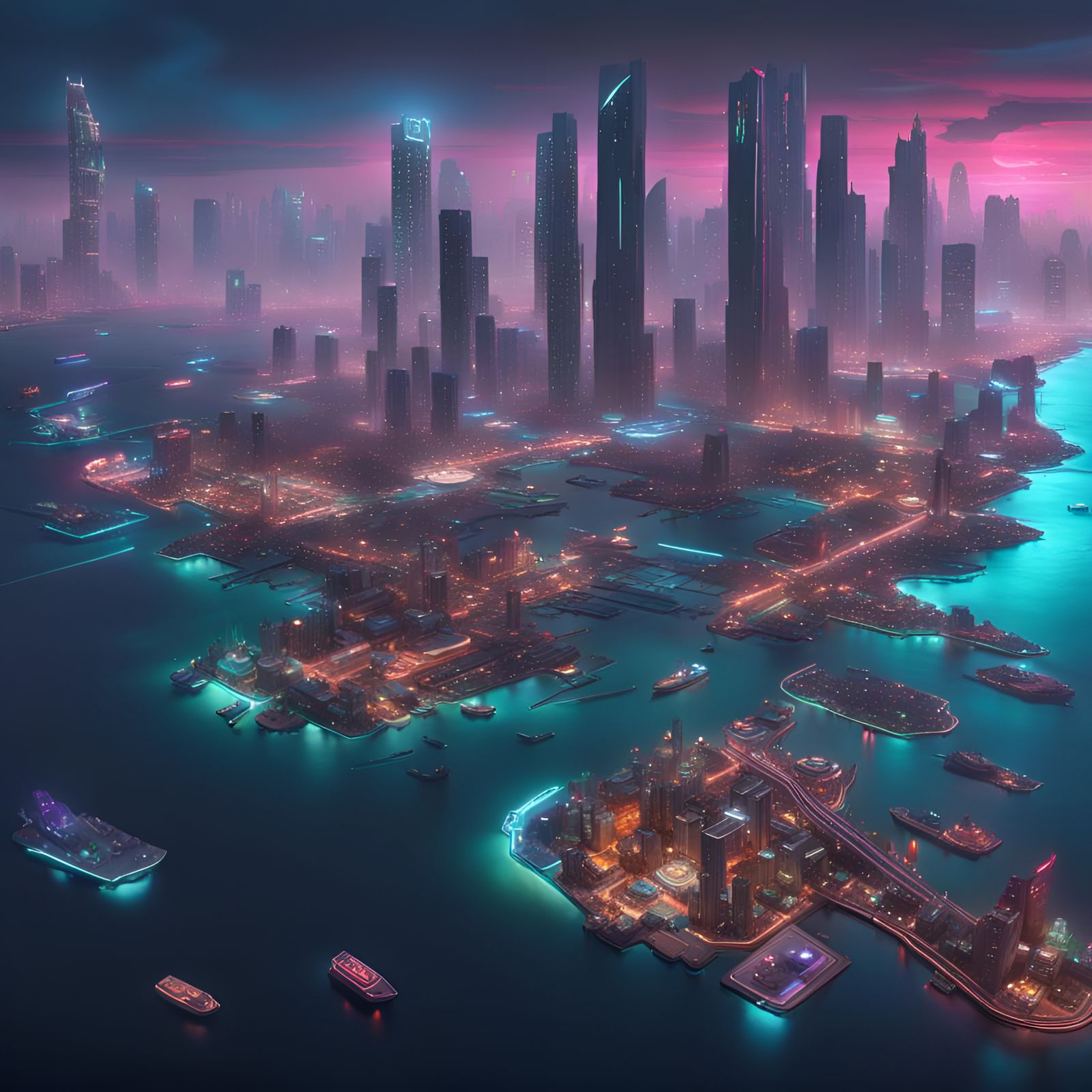 Futuristic Cyberpunk Coastal State with Islands