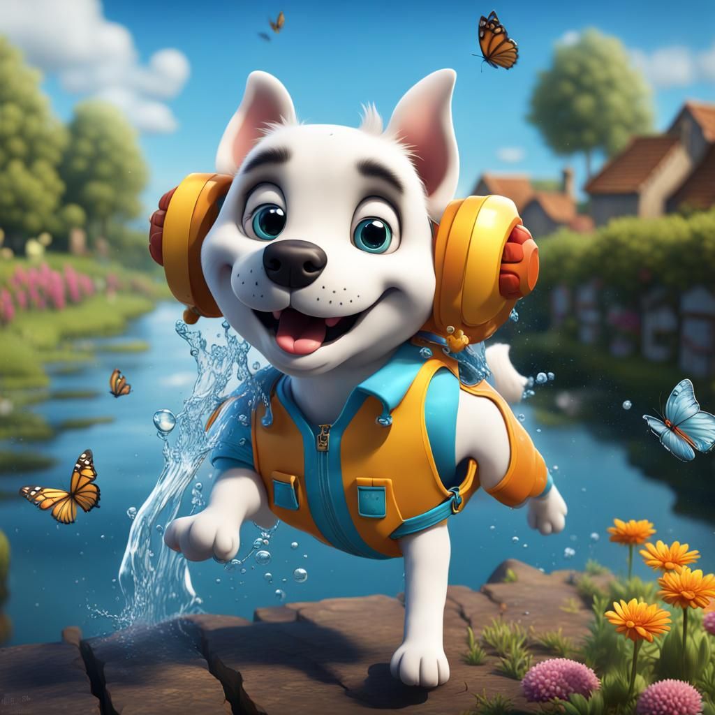 Cartoon Dog Running Through a Floral Village