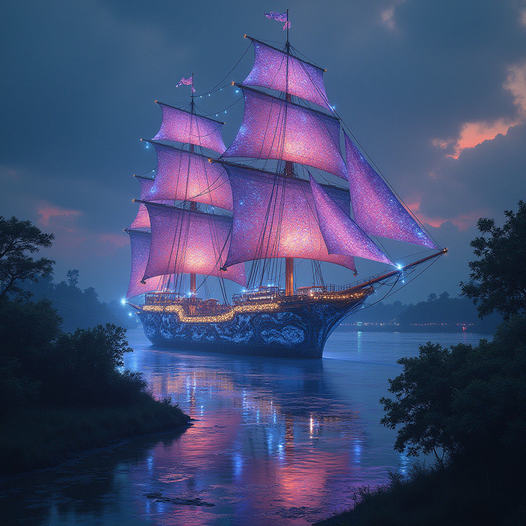 Ornate Ship with Iridescent Sails in Dreamlike Delta