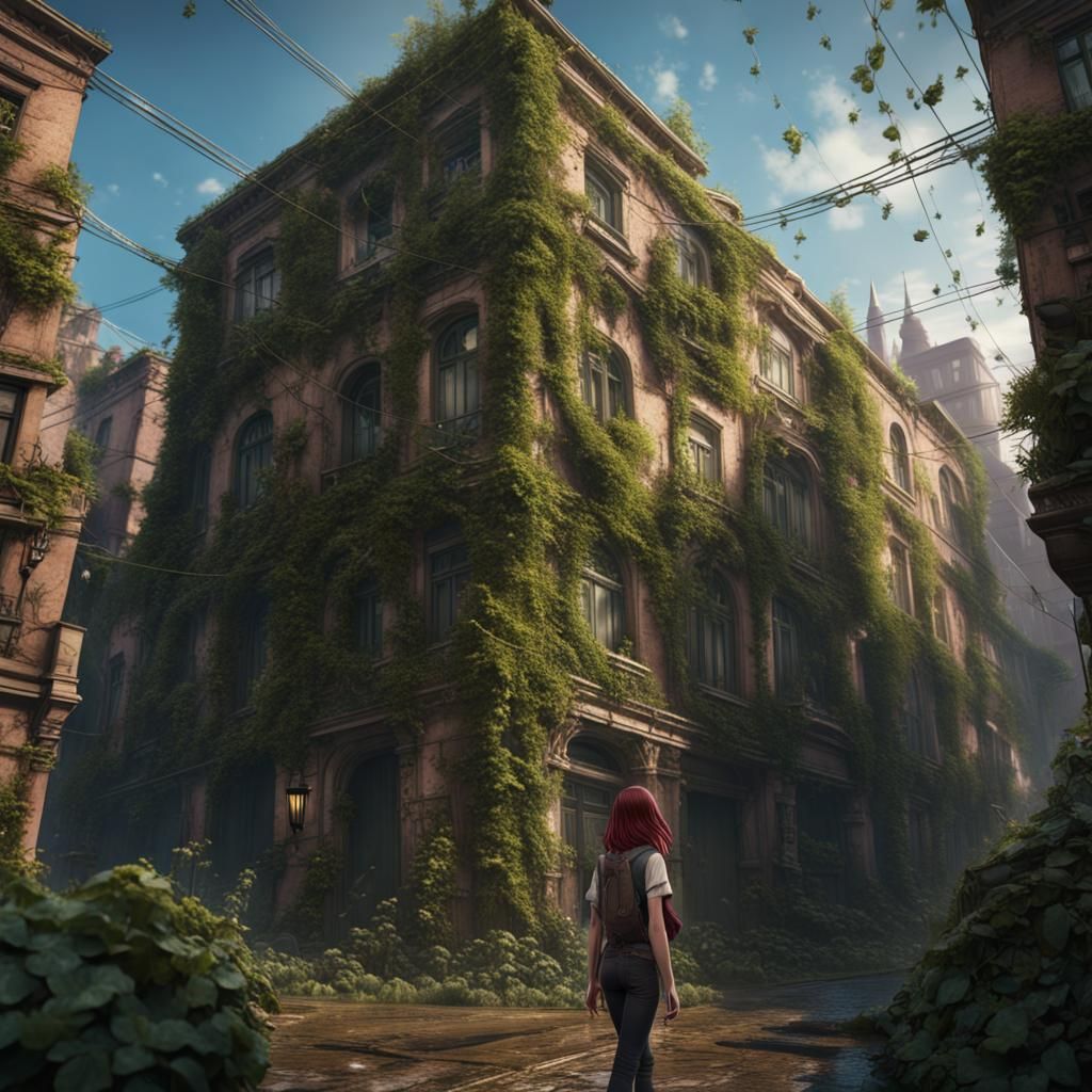 Teen Girl in Vine-Covered City: Fantasy Concept Art