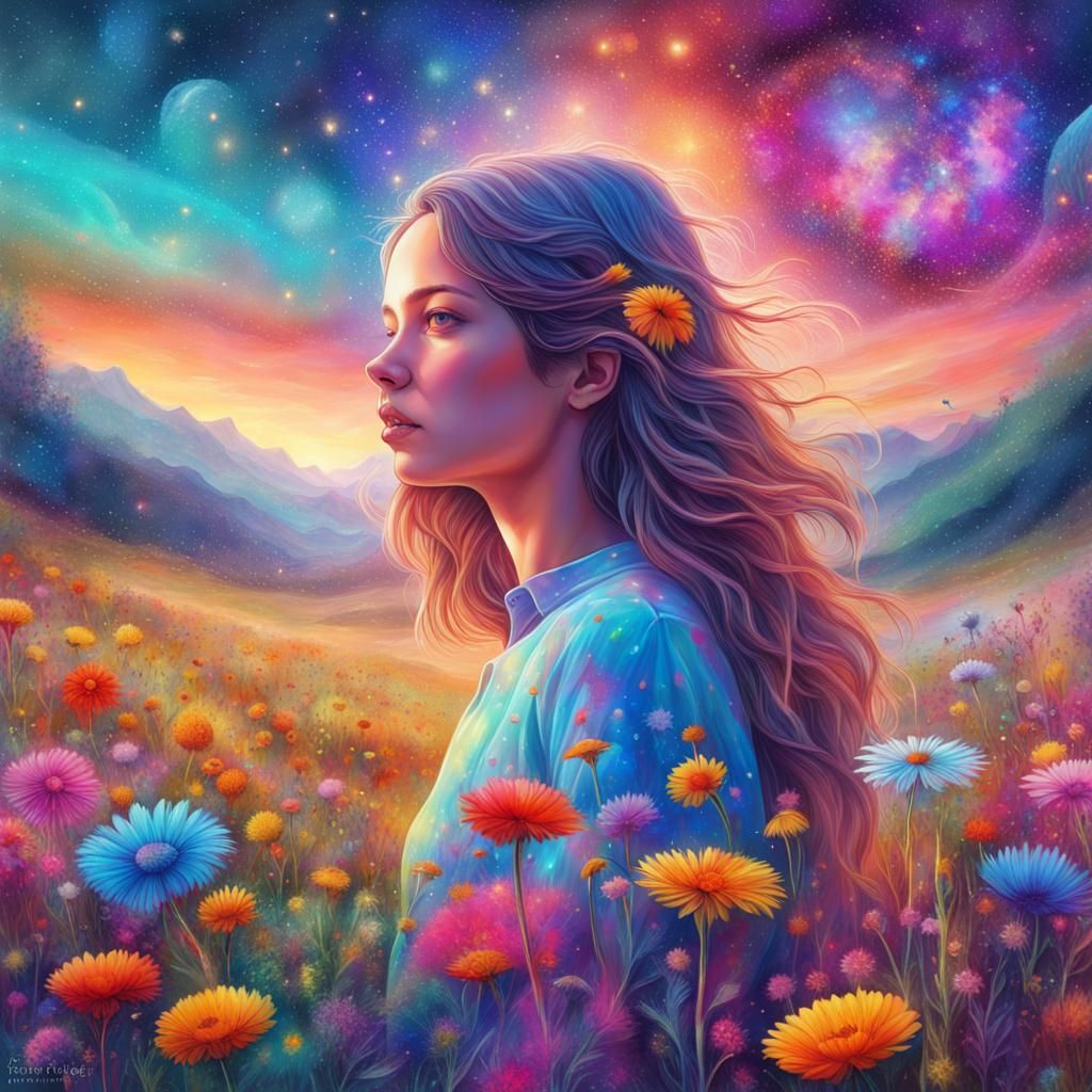 Cosmic Flower Meadow with Girl in Astral Style