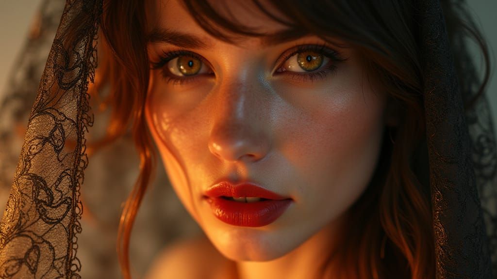 Enigmatic Woman in Antique Lace Veil with Warm Sunlight