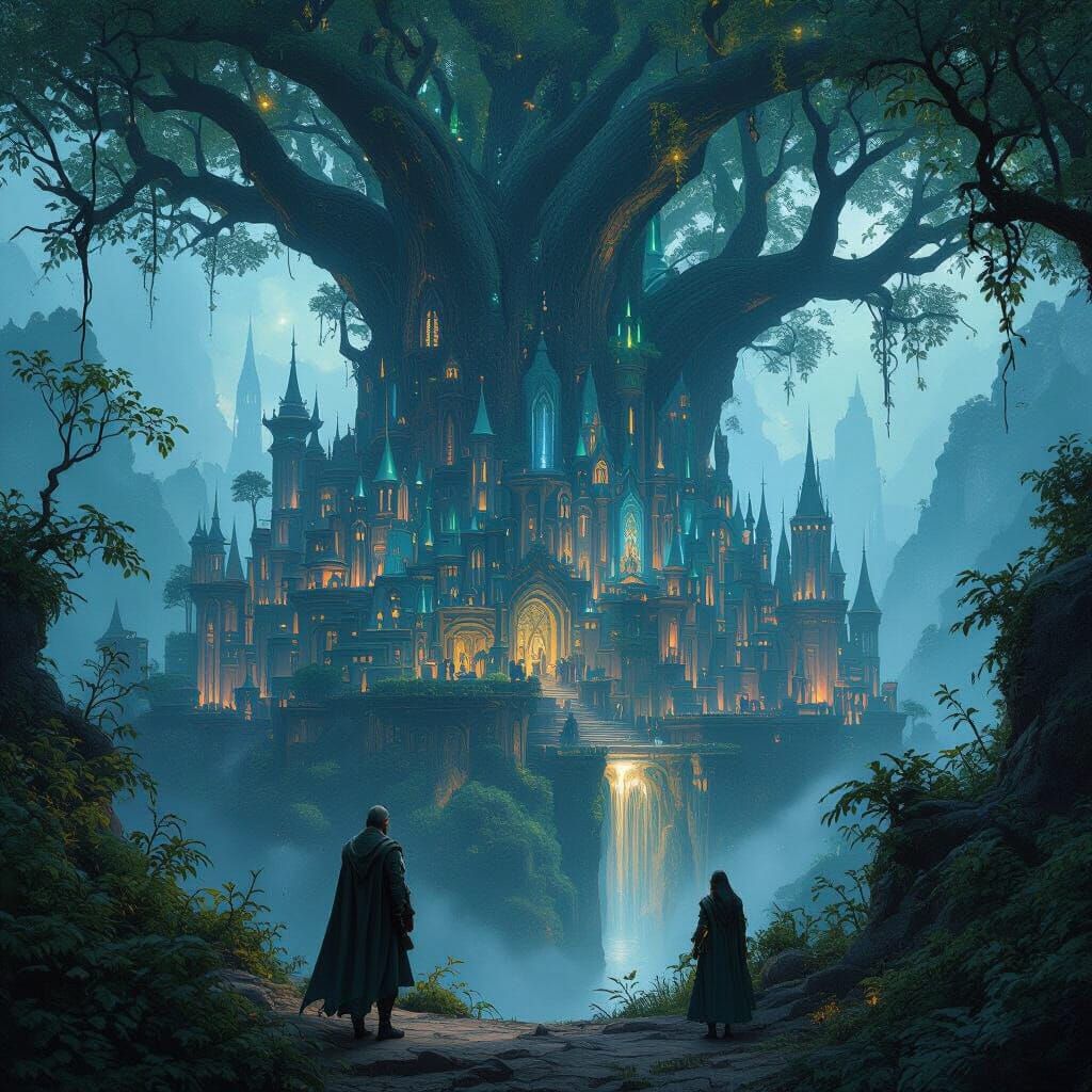 Dark Fantasy Forest City with WWII-Inspired Elves