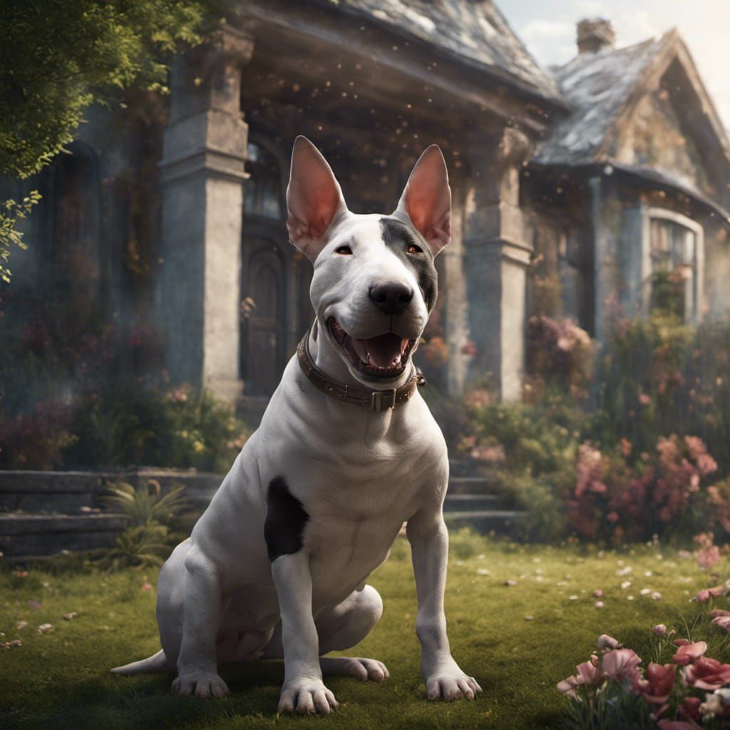 Bull Terrier Dog in Yard, Matte Painting
