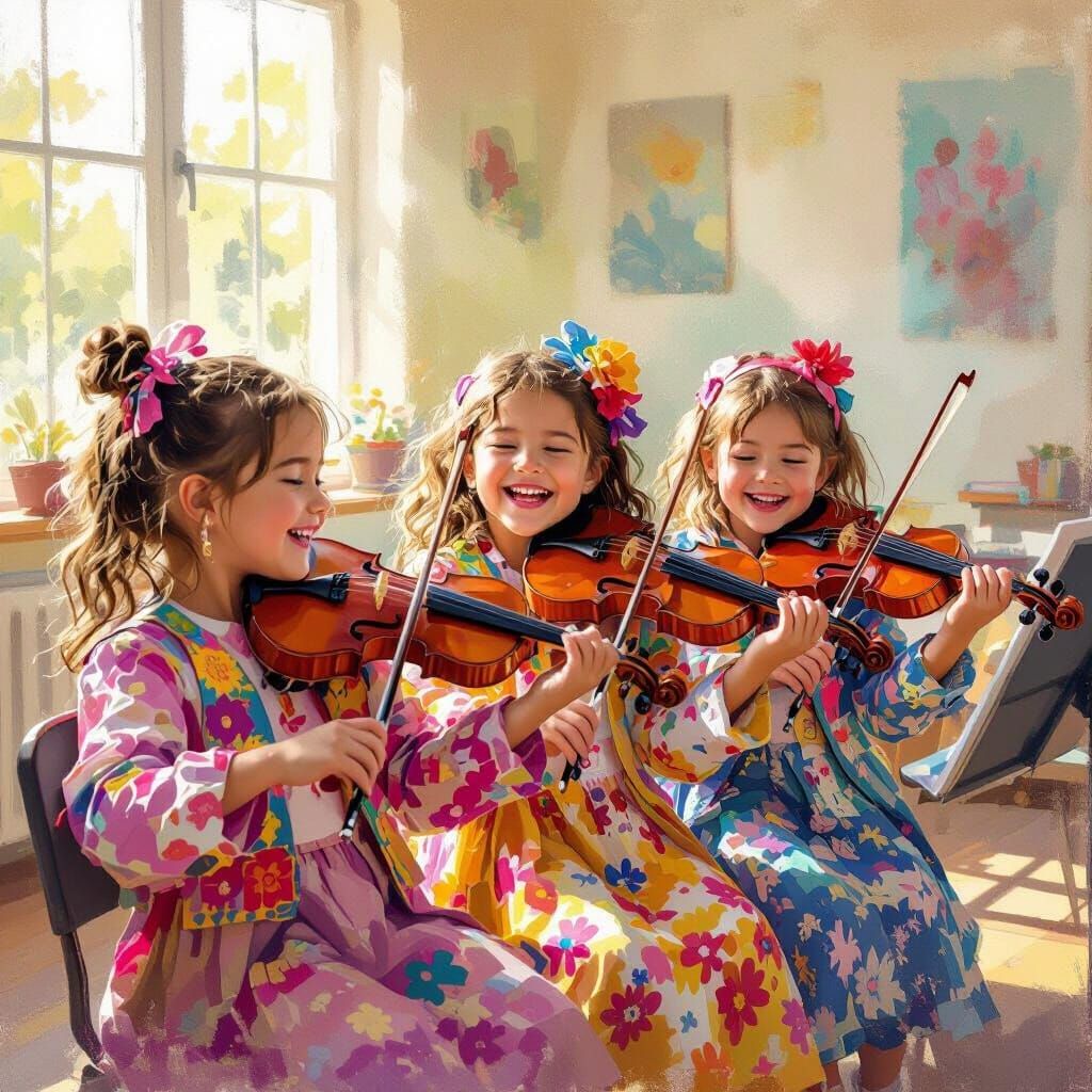 Happy First Graders Play Violins in Impressionist Style