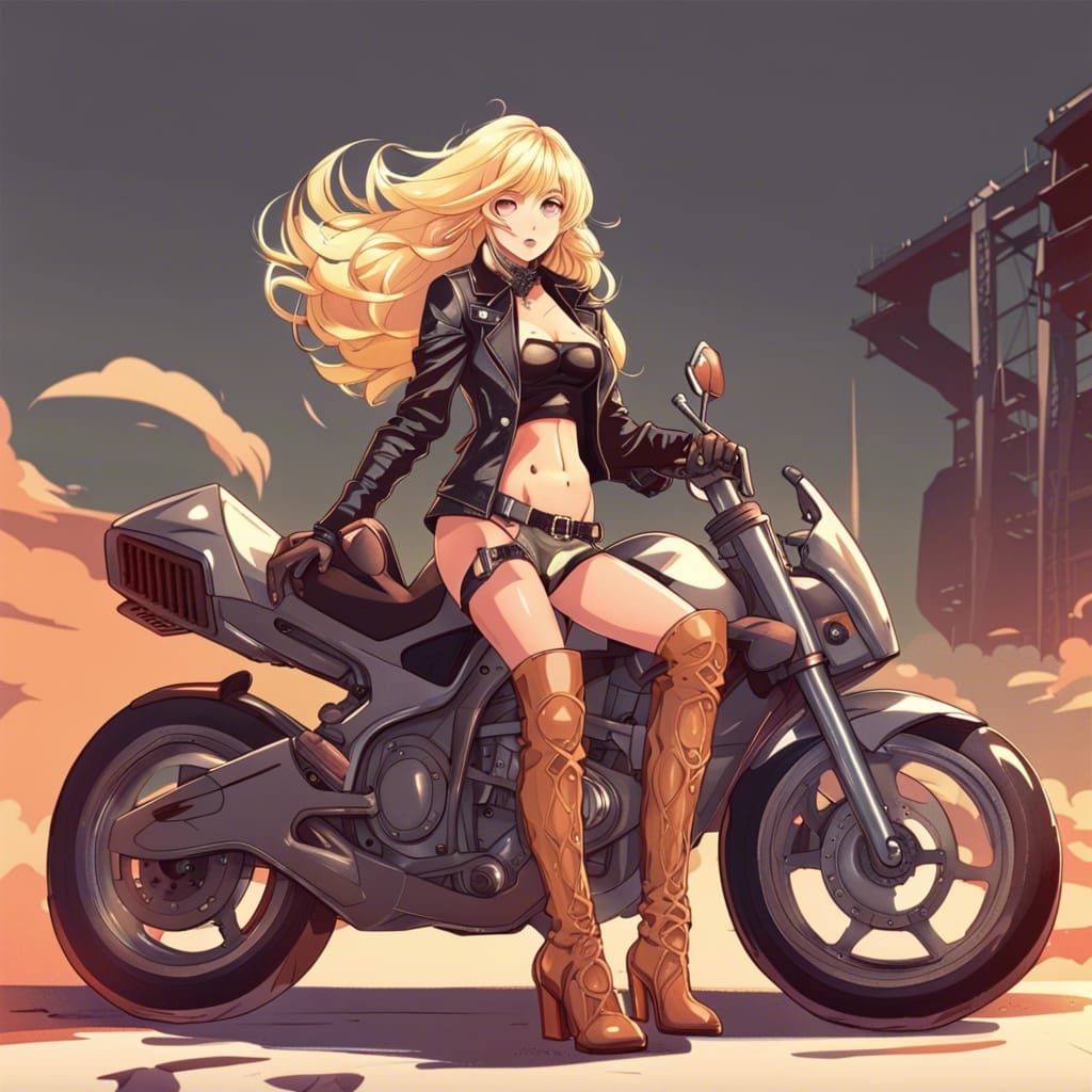 Anime Girl on Motorbike with Leather Boots