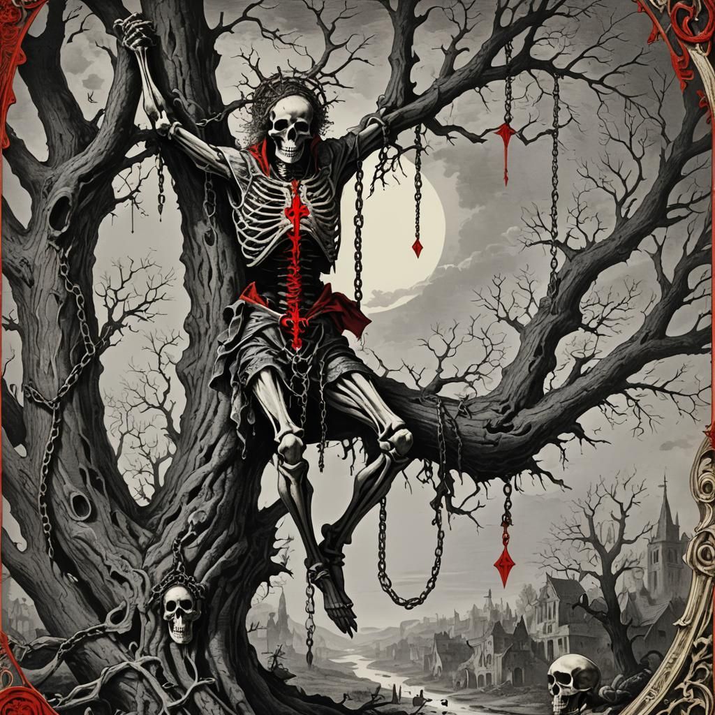 The Hanged Man Tarot Card with Skeleton