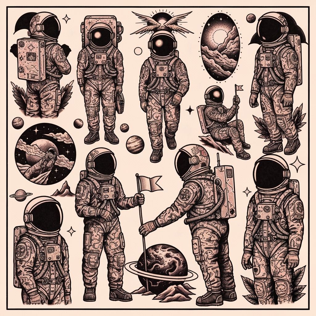 Astronaut Flash Tattoo Sheet in Hyperrealistic Style
